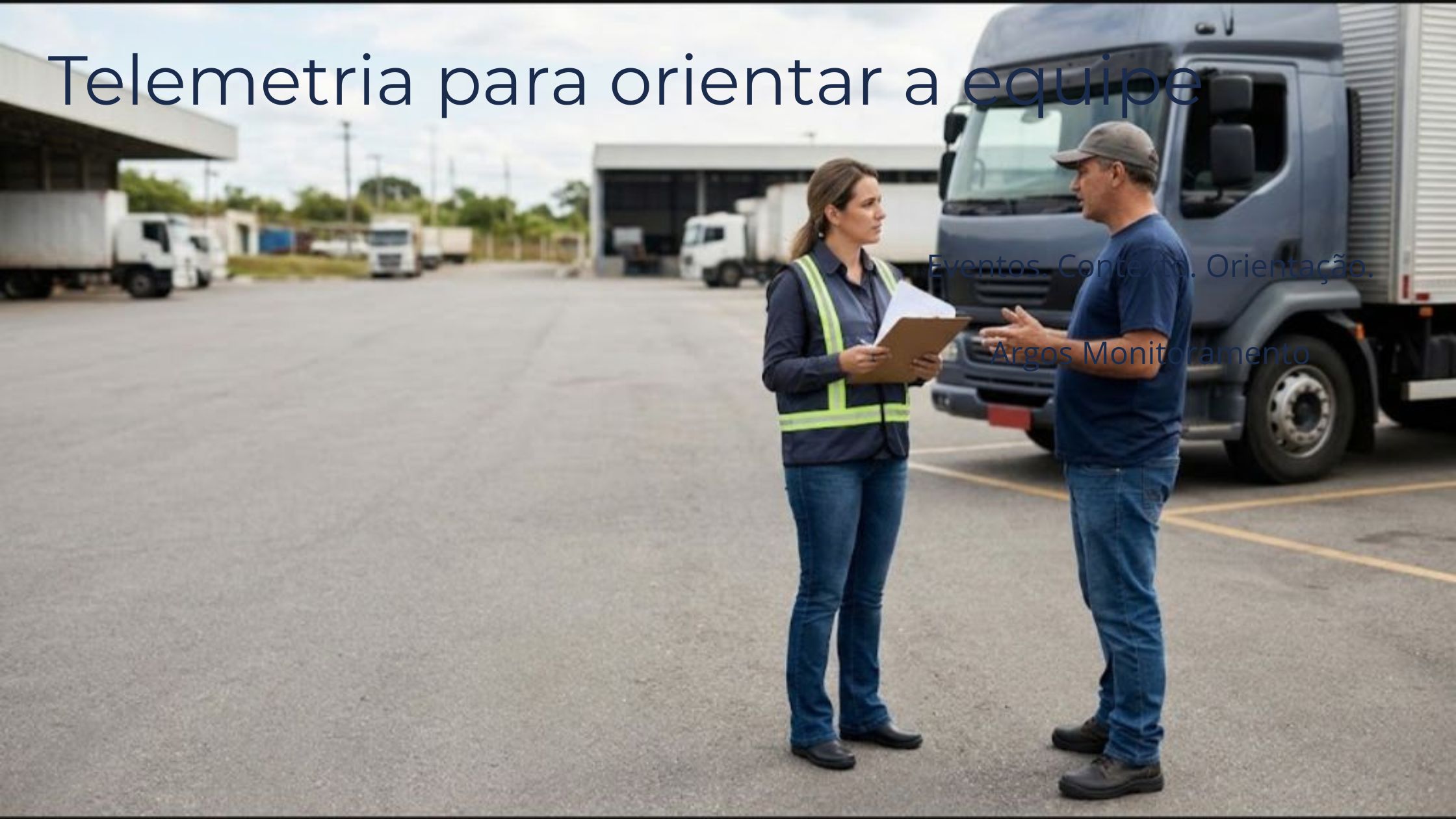 Gestora de frota conversa com motorista ao lado de caminhão estacionado em uma base operacional