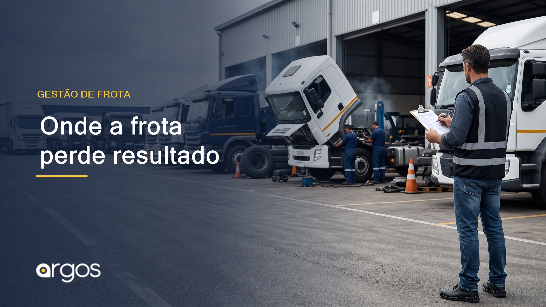 Gestor observa uma frota de caminhões em base operacional durante uma rotina de análise de desempenho